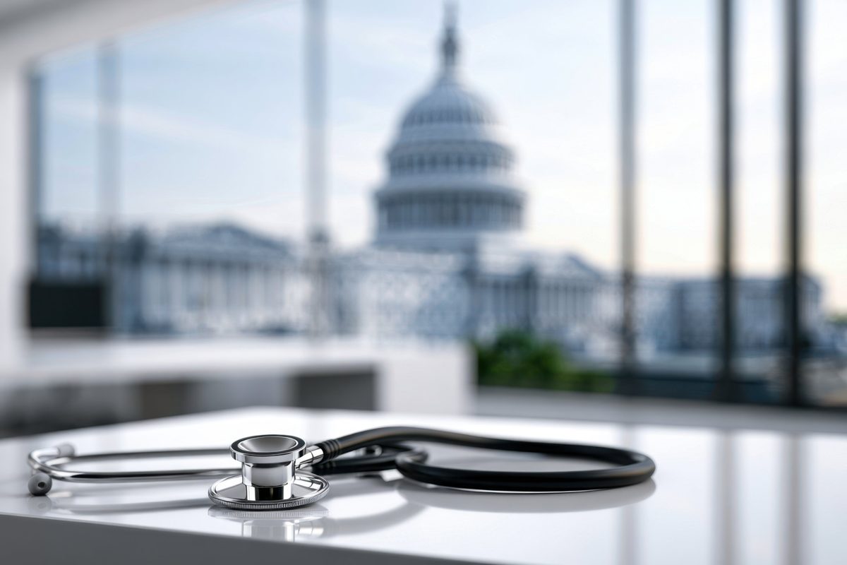 Stethoscope on a desk with the U.S. Capitol in the background